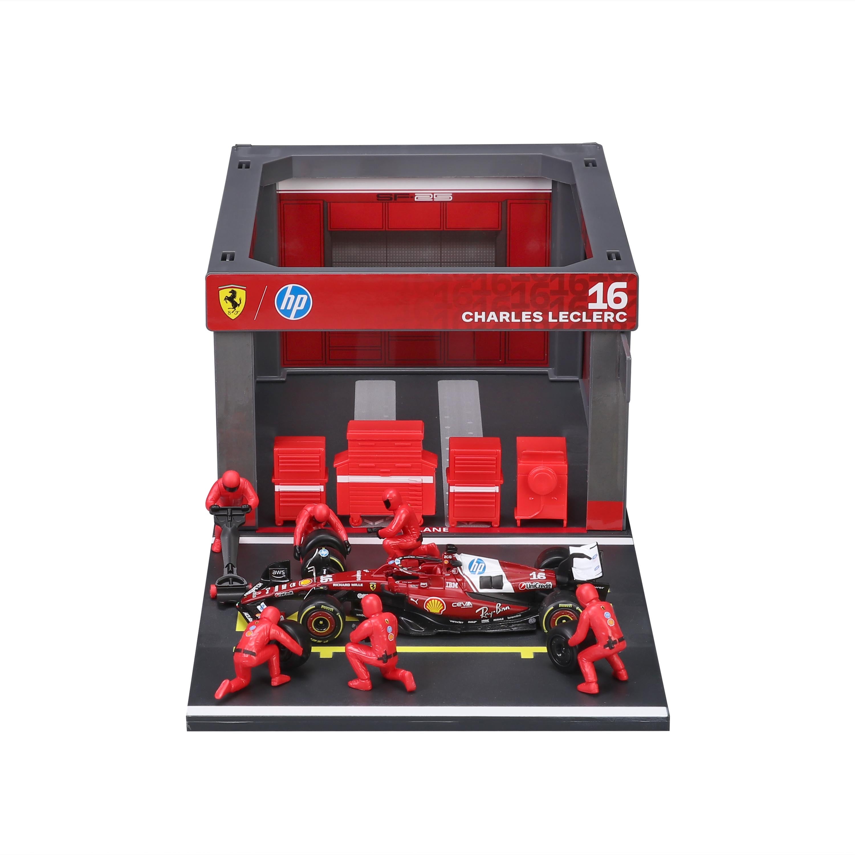 bburago-formula-1-ferrari-sf-25-leclerc-16-boxenstopp-set-1-43 image 3