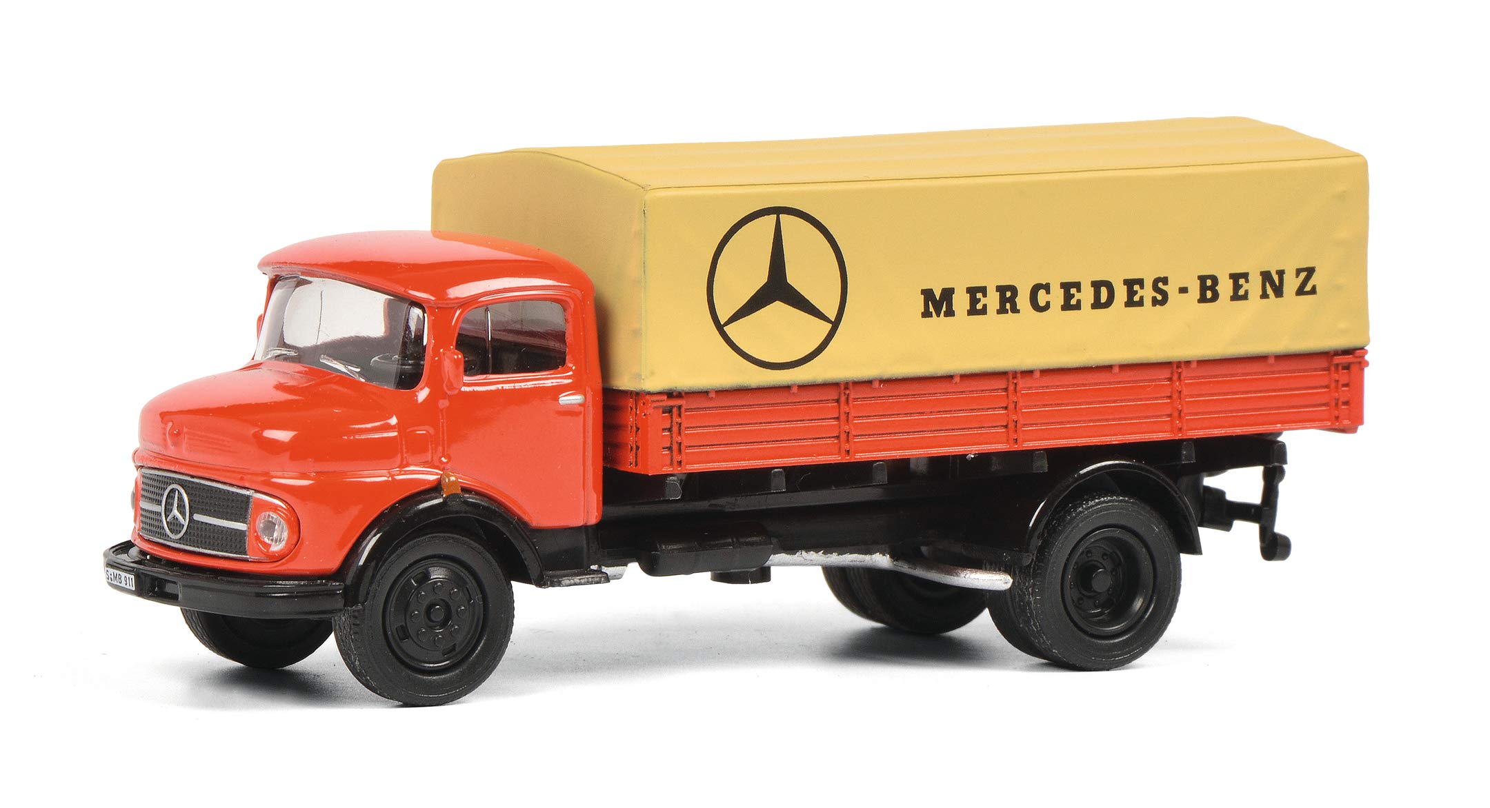 schuco-mercedes-benz-l911-lkw-modellauto-1-87-rot-plane-gelb image 1