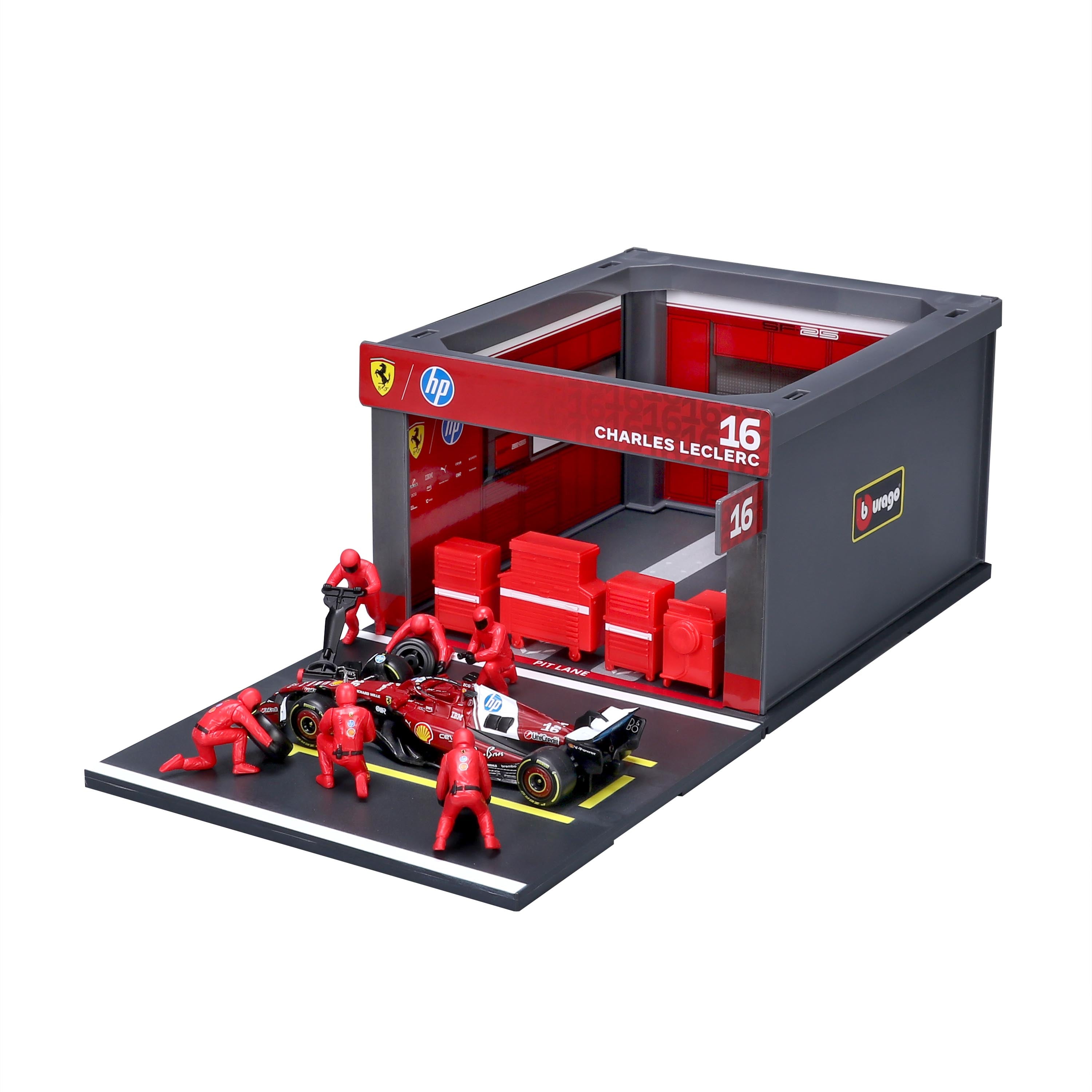 bburago-formula-1-ferrari-sf-25-leclerc-16-boxenstopp-set-1-43 image 1