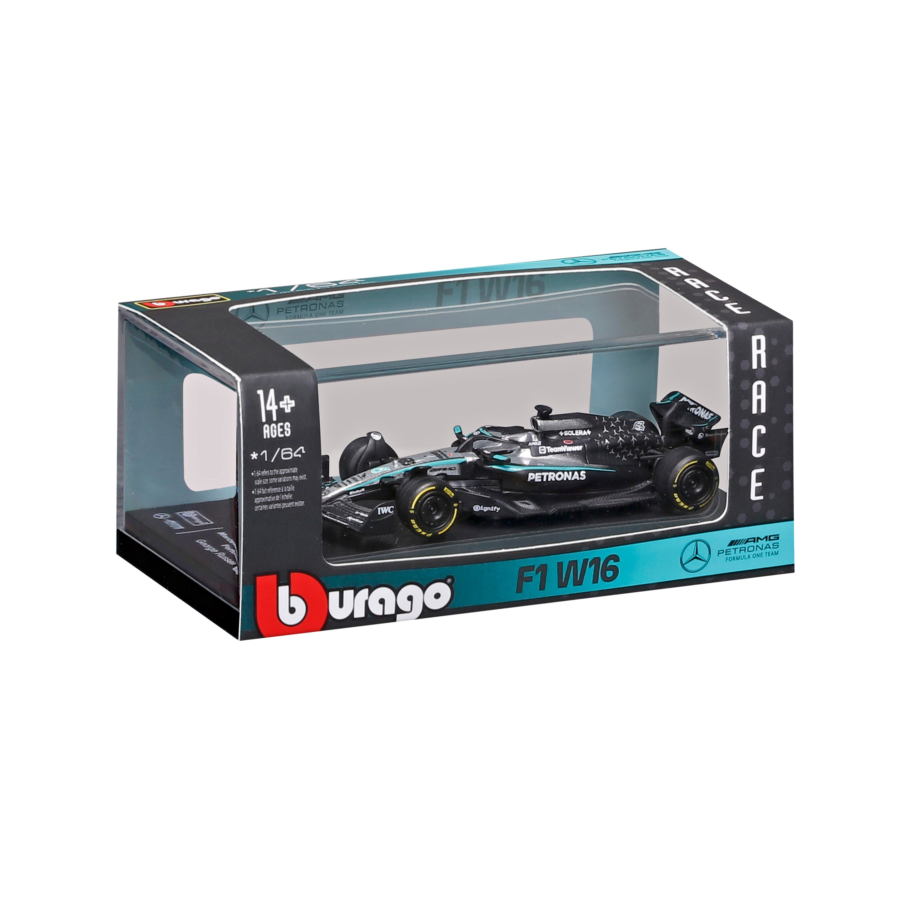 bburago-formula-1-mercedes-amg-w16-63-russell-modellauto-1-64-mit-vitrine image 2