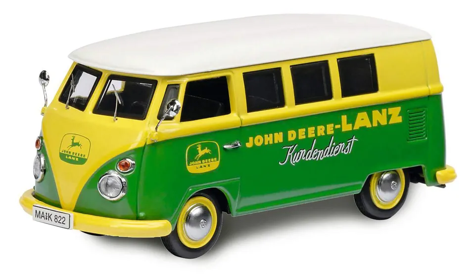 schuco-edition-vw-t1c-bus-jdl-modellauto-1-87-gelb-gr-n image 1