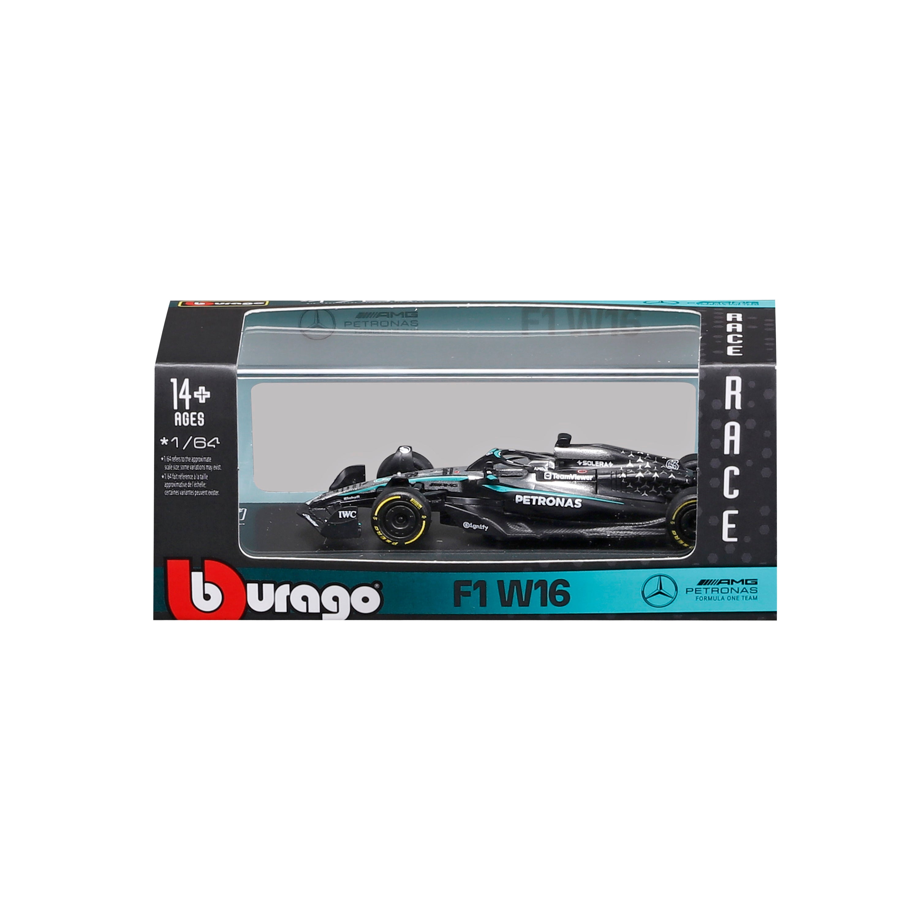 bburago-formula-1-mercedes-amg-w16-63-russell-modellauto-1-64-mit-vitrine image 7
