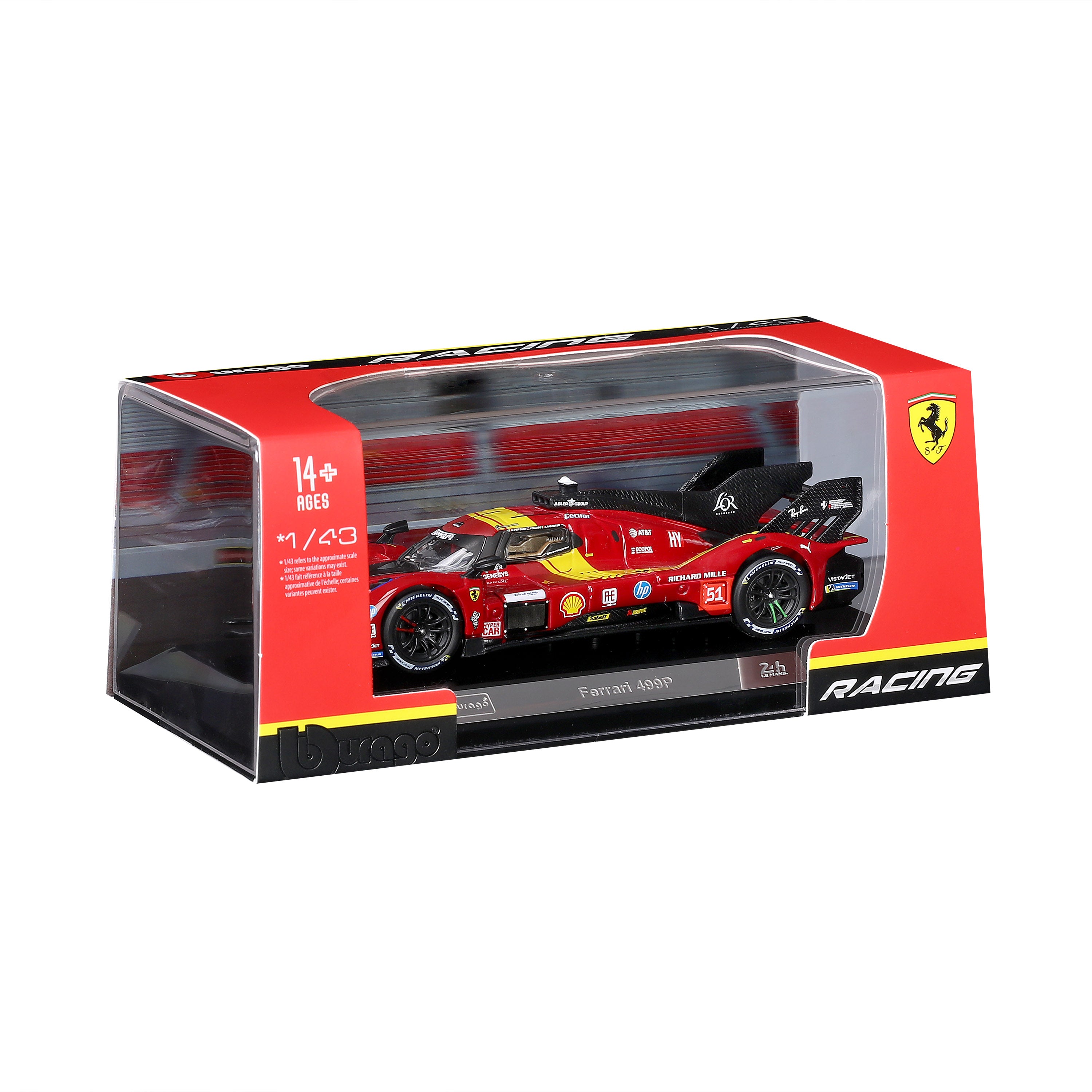 bburago-racing-ferrari-499p-51-modellauto-1-43-mit-vitrine-rot image 2