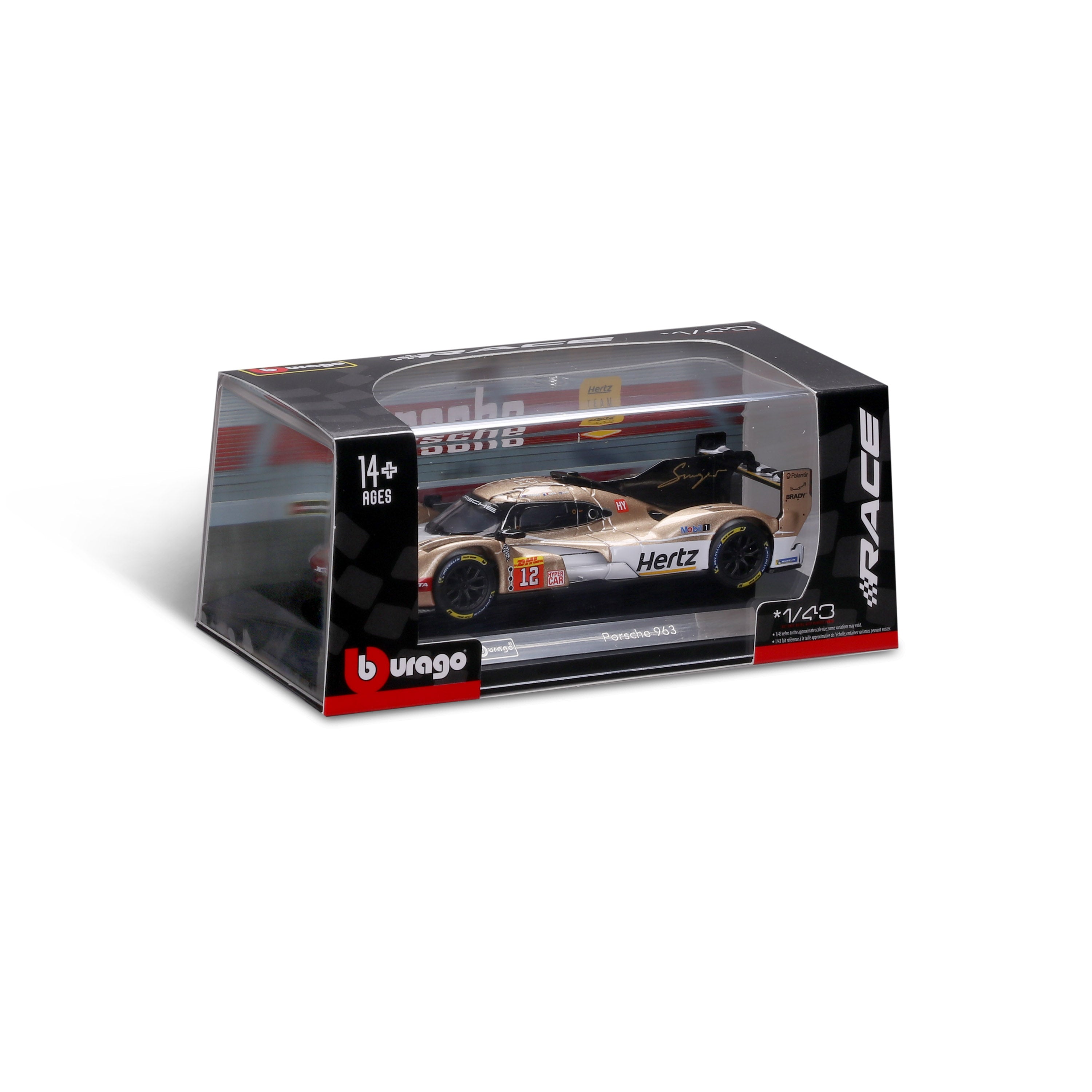 bburago-racing-porsche-963-12-modellauto-1-43-gold-mit-vitrine image 2